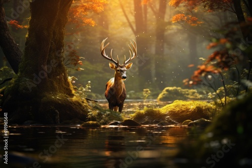  a deer standing in the middle of a forest next to a body of water in front of a group of trees.