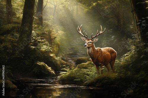  a painting of a deer standing in the middle of a forest with a stream running through the middle of it. photo