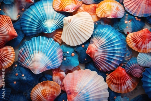 a bunch of colorful seashells sitting on top of each other on top of a bed of blue, red, and orange shells.