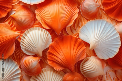  a bunch of orange and white seashells that are all over the place for a background or wallpaper.