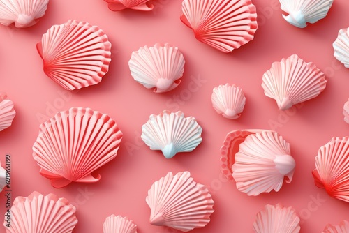  a group of pink seashells sitting on top of a pink surface next to each other on a pink surface.