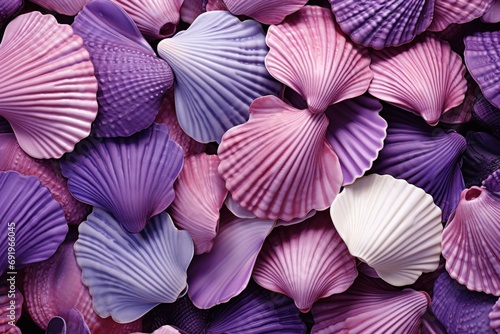  a pile of purple and white seashells next to a pile of pink and white seashells next to each other.