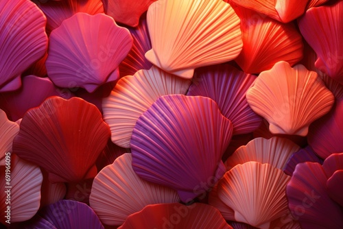  a close up of a bunch of seashells in red, orange, and pink colors with a black background.