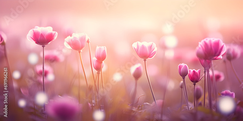 Pink spring flowers on a meadow, blurry sunlight background  © TatjanaMeininger