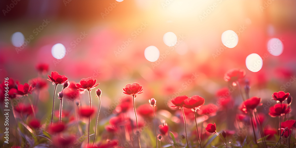 Fototapeta premium Red spring flowers on a meadow, blurry sunlight background 