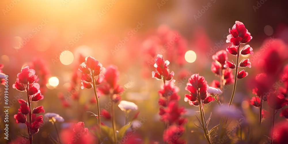 Red spring flowers on a meadow, blurry sunlight background