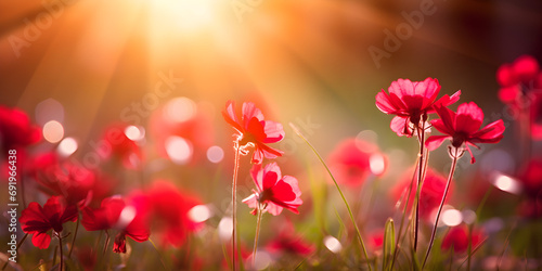 Red spring flowers on a meadow, blurry sunlight background 