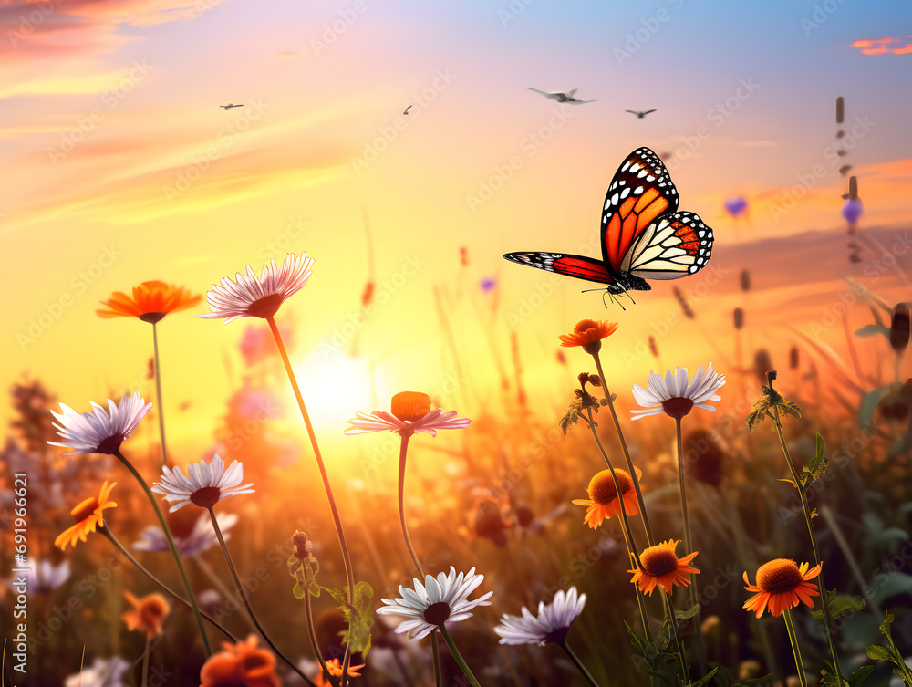 Summer wild flowers and flying butterfly in a meadow at sunset Summer wild flowers and flying butterfly in a meadow at sunset