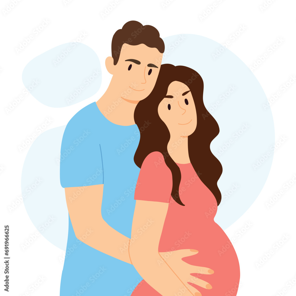 Happy family expecting a child. Vector illustration of husband and pregnant wife. Baby waiting concept. Happy family expecting a child. Vector illustration of husband and pregnant wife. Baby waiting concept.