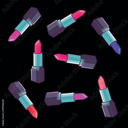 Vibrant flat design illustration featuring an array of colorful lipstick tubes, adding a pop of style to any creative project.