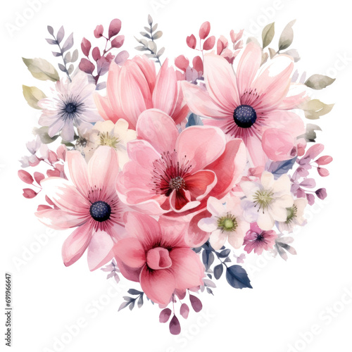 cute watercolor dlower bouquet with heart shape isolated photo