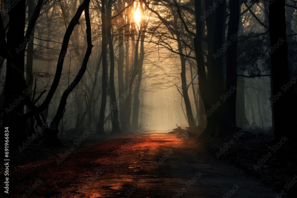 a dirt road in the middle of a forest with the sun shining through the trees on a foggy day.
