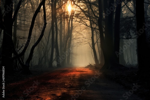  a dirt road in the middle of a forest with the sun shining through the trees on a foggy day.