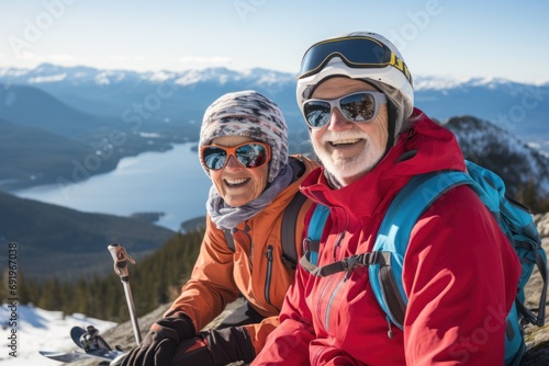  a man and a woman posing for a picture on top of a mountain with snow capped mountains in the background.