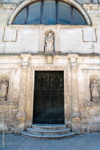 Facade of the Church of Saint Clare (Santa Chiara) with its ornamental and artistic elements. Matera, Italy.