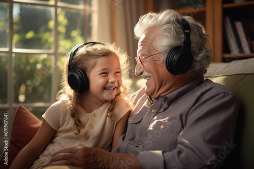 Child granddaughter and grandfather enjoying together listening to music with headphones at home. Concept of family and wellbeing