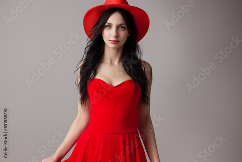 a girl in a dress. a beautiful young girl with long black hair in an evening red dress and a bright hat stands on a gray background