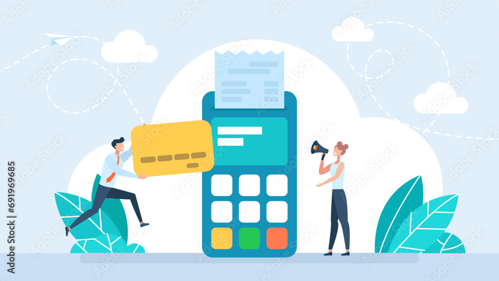 Cash register terminal purchase checkout, sales outlet with buyer. Banking payment cashier services. POS Terminal, debit credit card. Terminal for cashier employee in store. Vector illustration - obrazy, fototapety, plakaty 