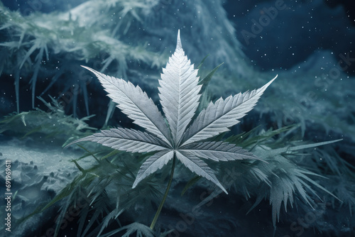 white frozen cannabis leaf covered with frost generative ai