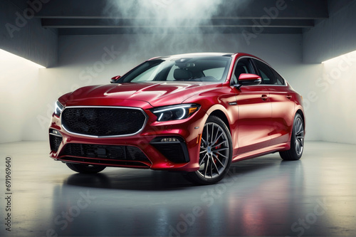 A sleek red luxury car sits proudly on the indoor floor, its shining alloy wheels and intricate automotive design capturing the attention of all in the room © Horizen