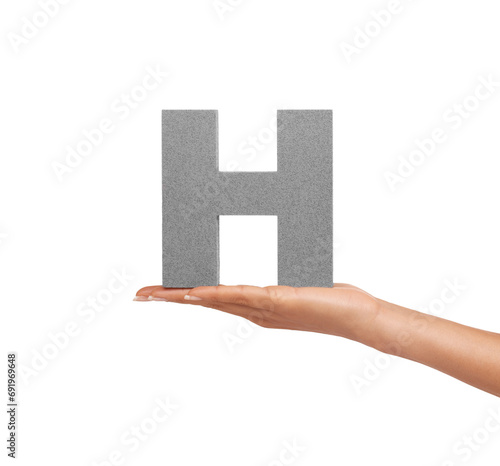 Hand of woman, capital letter H and presentation of consonant isolated on white background. Character, font and palm showing English alphabet typeface for communication, reading and writing in studio photo