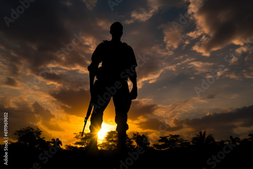 military soldier against the backdrop of the sunset sunny sky generative ai
