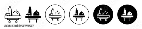 Breakfast room service icon. hotel or cafe restaurant dinner lunch food serving cart or catering table with platter dish logo set. breakfast in hotel room with waiter to serve food vector symbol


