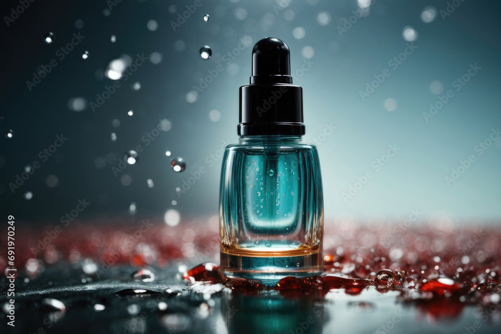 A delicate bottle of clear fluid holds the key to a refreshing solution, radiating a light and airy aroma of fresh water and subtle hints of sweet perfume A delicate bottle of clear fluid holds the key to a refreshing solution, radiating a light and airy aroma of fresh water and subtle hints of sweet perfume