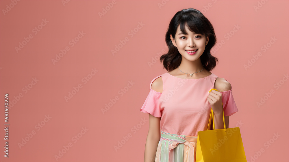 Asian Chinese woman holding shopping bags, Chinese New Year Christmas Xmas party celebration, Black Friday Sale discount concept, Happy beautiful Asian woman smile, Shopaholic people, retail special