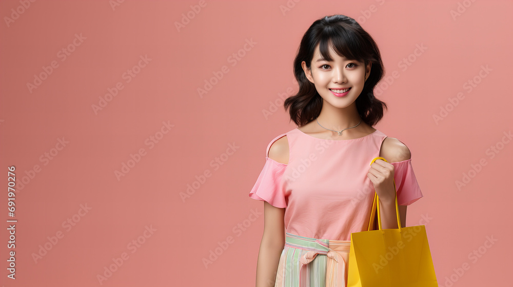 Asian Chinese woman holding shopping bags, Chinese New Year Christmas Xmas party celebration, Black Friday Sale discount concept, Happy beautiful Asian woman smile, Shopaholic people, retail special Asian Chinese woman holding shopping bags, Chinese New Year Christmas Xmas party celebration, Black Friday Sale discount concept, Happy beautiful Asian woman smile, Shopaholic people, retail special