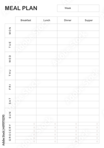 meal plan, minimalistic weekly meal planner printable template. Meal planning and groceries list. Healthy meal plan for diet and foot. Vector template. EPS 10