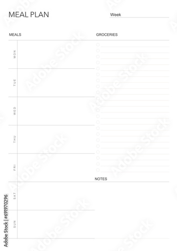 meal plan, minimalistic weekly meal planner printable template. Meal planning and groceries list. Healthy meal plan for diet and foot. Vector template. EPS 10