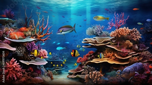 Wallpaper adorned with hyper-detailed marine life  creating an underwater scene with realistic colors and textures