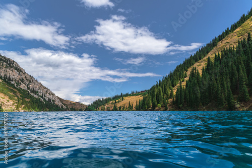 Lower Kolsay lake in Kolsai Koldery gorge, nature of Kazakhstan National Park, North Tian Shan mountains. photo