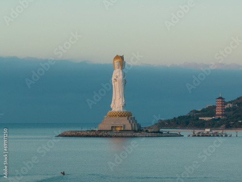 Aerial view of Guanyin statue at seaside in nanshan temple, hainan island , China photo