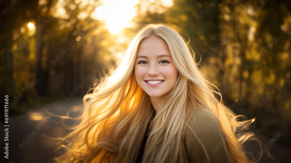 Obraz premium Golden Hour Radiance: Close-Up of Smiling Young American Woman with White Hair in Evening Park