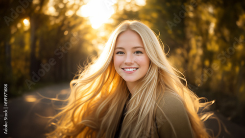 Golden Hour Radiance: Close-Up of Smiling Young American Woman with White Hair in Evening Park