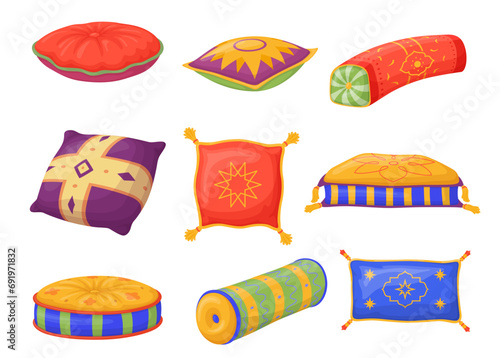 Arabic decorative pillows colorful cushions for Arab or Indian interior design set isometric vector