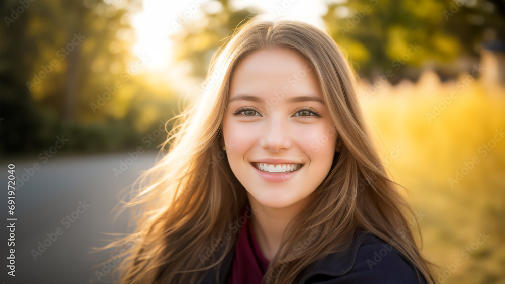 Radiant Sunset Smiles: Close-Up Portrait of Young Attractive American Woman in Evening Park Radiant Sunset Smiles: Close-Up Portrait of Young Attractive American Woman in Evening Park