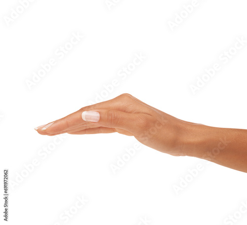 Woman  hand and nails in studio with skincare for cosmetics  manicure or nail treatment for wellness. Person  fingers or mock up space for cosmetology  moisturiser and smooth skin on white background