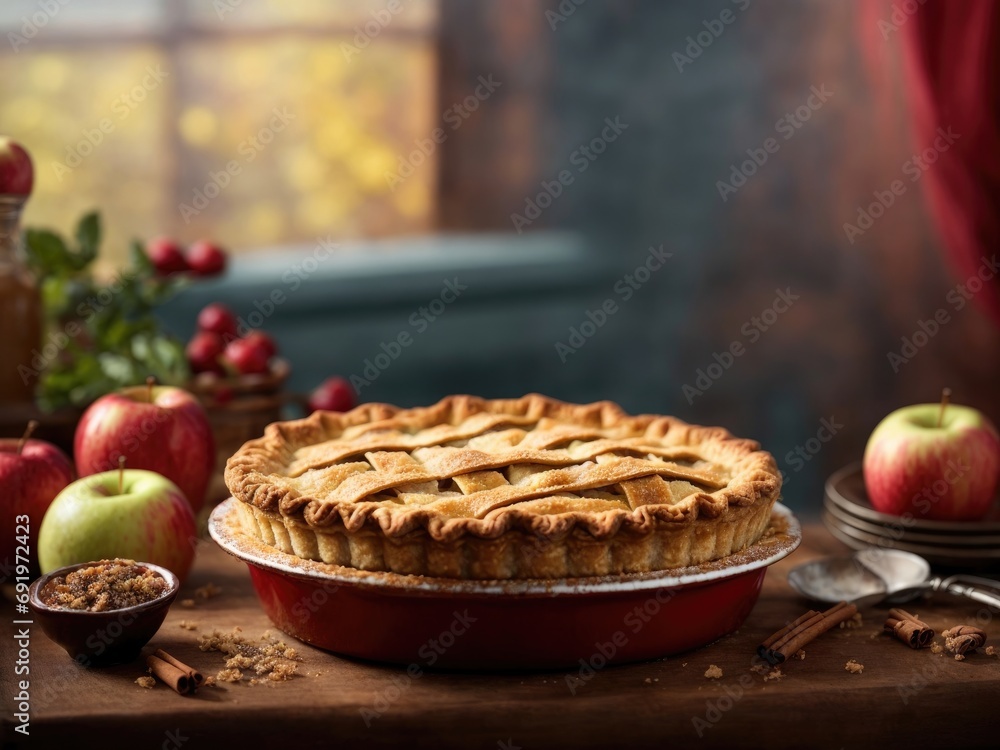 Homemade delicious fresh baked rustic apple pie on red background, homemade apple pie, apple pie with cinnamon, apple pie with apples and cinnamon, apple pie on a wooden table Homemade delicious fresh baked rustic apple pie on red background, homemade apple pie, apple pie with cinnamon, apple pie with apples and cinnamon, apple pie on a wooden table