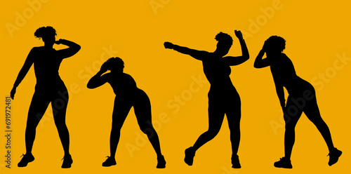 Composite Silhouette Studio Shot Of Same Woman Wearing Gym Fitness Clothing Exercising On Yellow Background