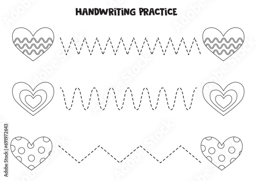 Tracing lines for kids. Cartoon black and white valentine day hearts. Writing practice.