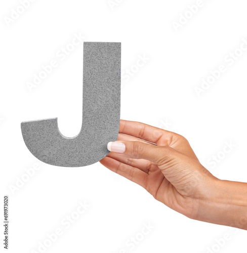 Hand of woman, capital letter J and presentation of consonant isolated on white background. Character, font and palm with English alphabet typeface for communication, reading and writing in studio. photo
