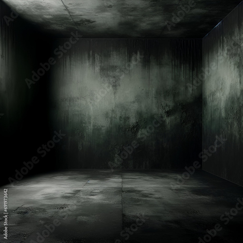 Black dark olive green horror background. Interior room. Concrete old wall  floor. Grunge. Product display. 3d rendering. Empty space. For mockup  showcase  design. Stage. Spooky creepy.Broken cracked