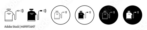 Pressure sprayer icon. compressor fertilizer spray pump to wash car symbol. pesticide sprinkler hose pipe washer machine tool vector logo. pressure wash sprayer for cleaning with foam sign