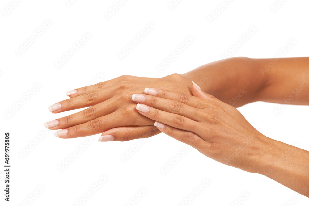 Woman, hands or nails in studio with manicure for cosmetics, skincare or nail treatment for wellness. Person, fingers or mock up space for cosmetology, moisturiser and smooth skin on white background Woman, hands or nails in studio with manicure for cosmetics, skincare or nail treatment for wellness. Person, fingers or mock up space for cosmetology, moisturiser and smooth skin on white background