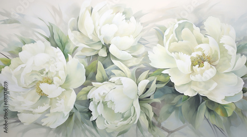 White peonies on a white background. Greeting card. © Maria