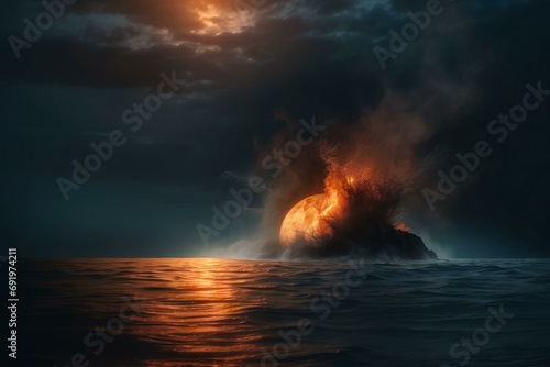 A picture of a burning moon falling into the ocean © Victoria