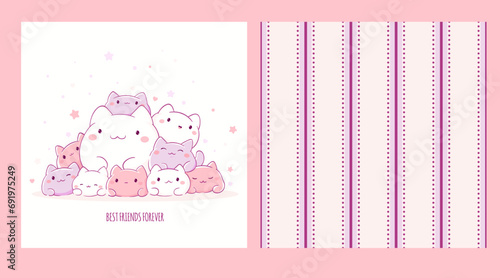 Set of seamless pattern and one print with cute cats in kawaii style. Endless texture can be used for textile pattern fills, t-shirt design, web page background. Best friends forever. Vector EPS8